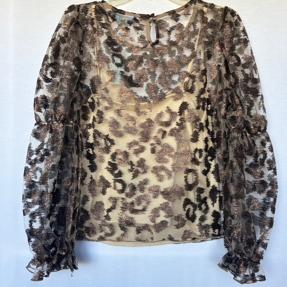 Eva Franco Leopard Mesh Puff Sleeve Top Womens Medium Sheer Statement Blouse - Picture 14 of 16